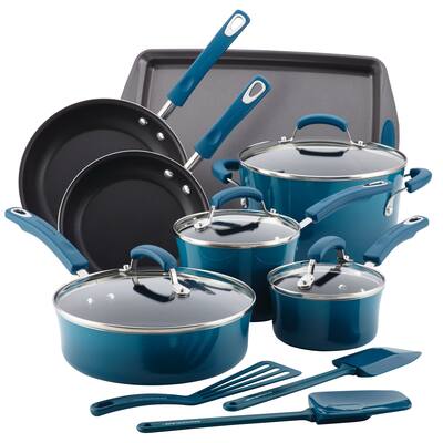 Rachael Ray Hard Enamel Nonstick 14-Piece Cookware Set, Marine Blue