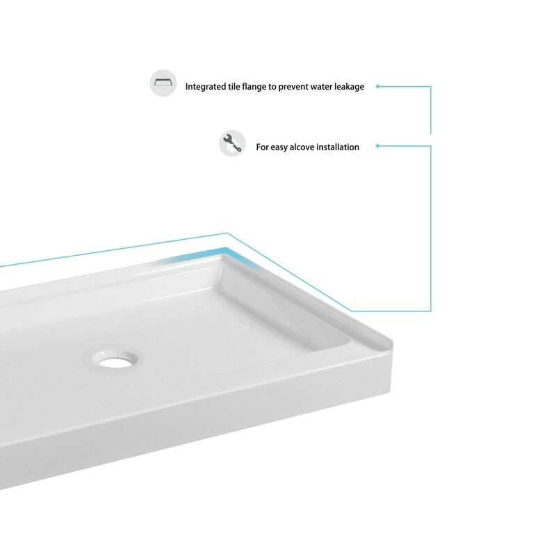 Indigo Home 60x30 inch Single Threshold Shower Tray Center Drain in White