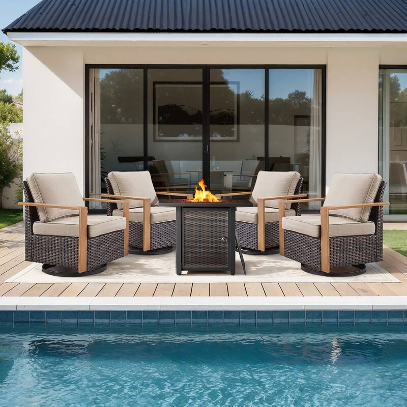 Meyreso 5-Piece Wicker Swivel Glider Metal Fire Pit Set with Plush 4.5" Olefin Cushions