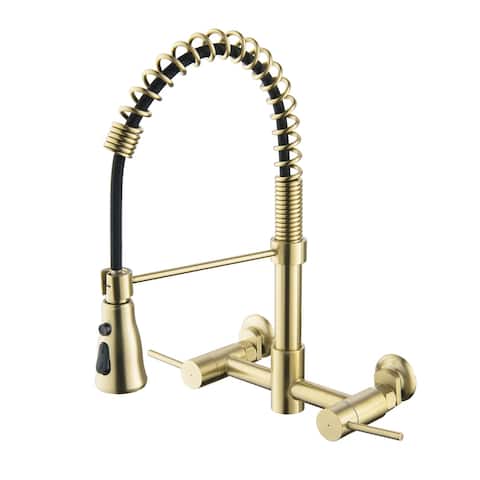Kitchen Faucet Pull Down Sprayer Dual Handle Brushed Gold Mixer Taps