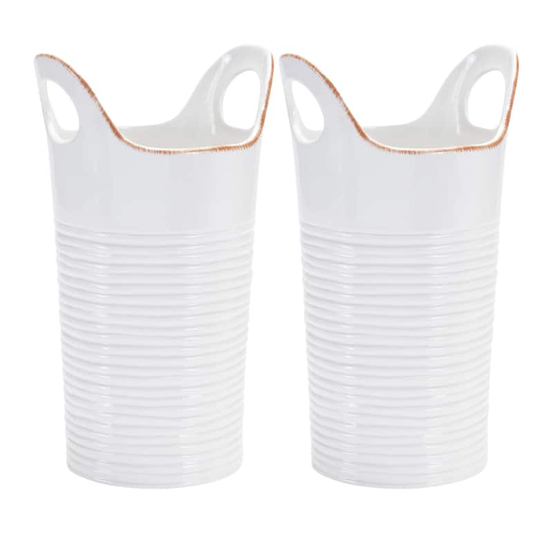 Set of Two White And Beige Ceramic Round Table Vases - 6.50