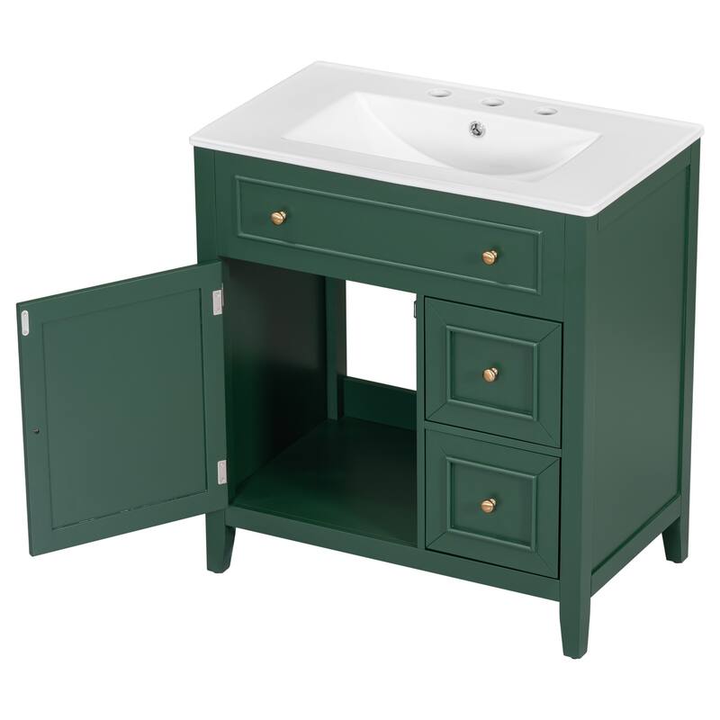 30'' Solid Wood Bathroom Vanity with Cabinet, 2 Drawers, and Ceramic Sink