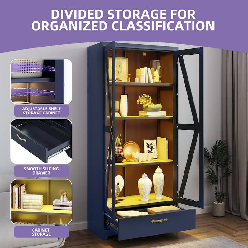 Moasis Metal Bookcase Display Cabinet with Adjustable Shelves & Drawer