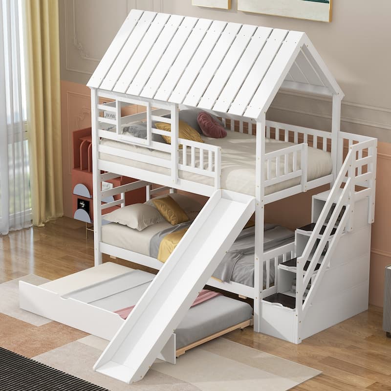 GDFStudio - Twin over Twin House Bunk Bed with Trundle, Slide & Storage Staircase