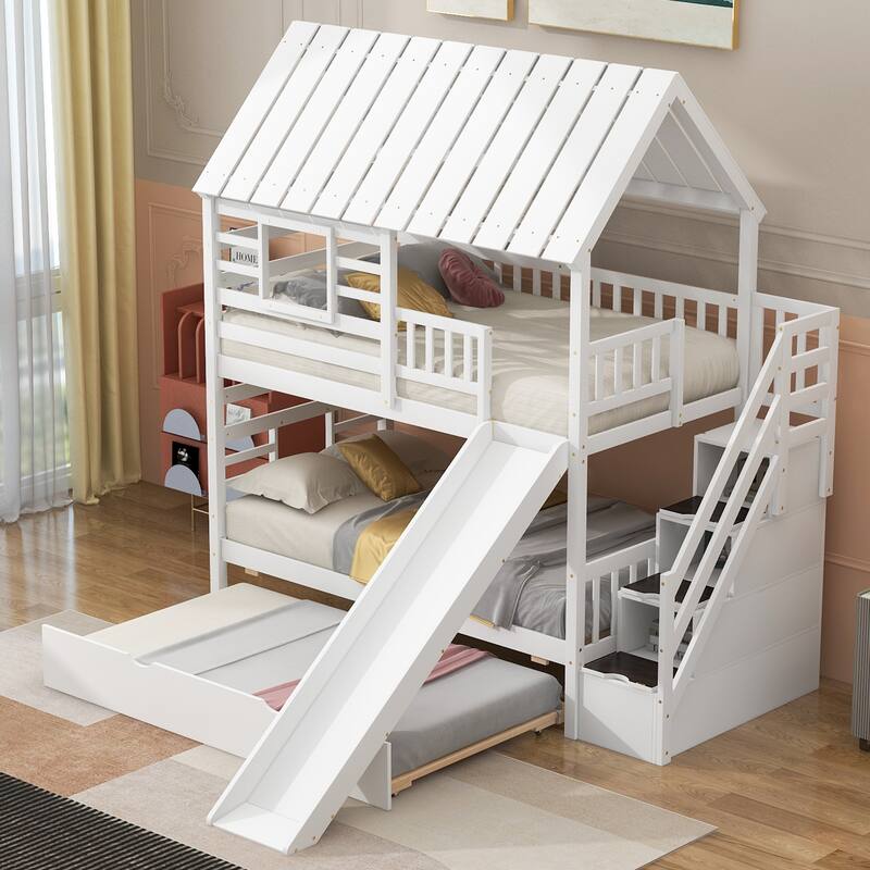Twin Over Twin Bunk Bed with Trundle, Slide, Storage Stairs, Roof and Window Design, White
