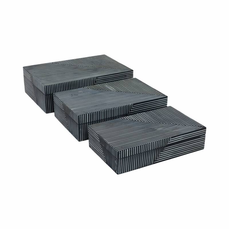 Resin Wood Decorative Box Striped Pattern (Set of 3) - 10/11/12" Blue - 12" x 8" x 4" - 12" x 8" x 4" - Blue
