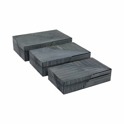 Resin Wood Decorative Box Striped Pattern (Set of 3) - 10/11/12" Blue - 12" x 8" x 4"