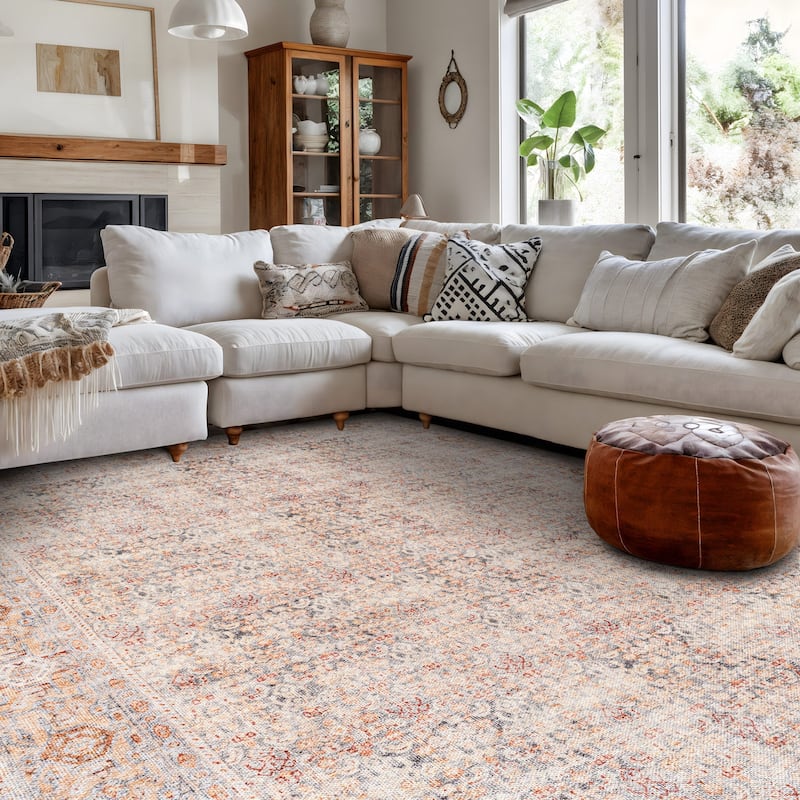 Terracotta Floral Washable Rug - Allover Pattern, Flat Pile