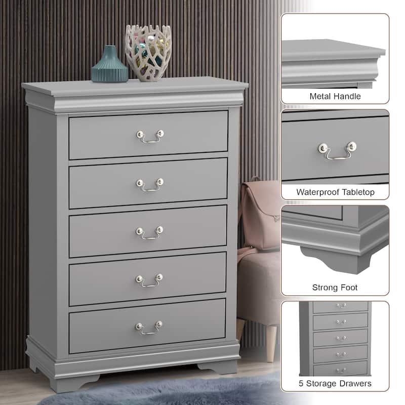 48" Tall Modern Gray Solid Wood 5-drawer Storage Chest
