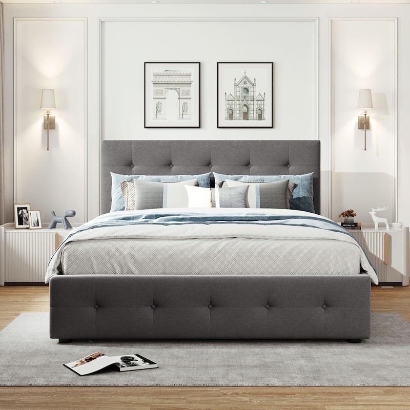 Queen Size Upholstered Platform Bed with 2 Drawers & Twin XL Trundle - Light Grey