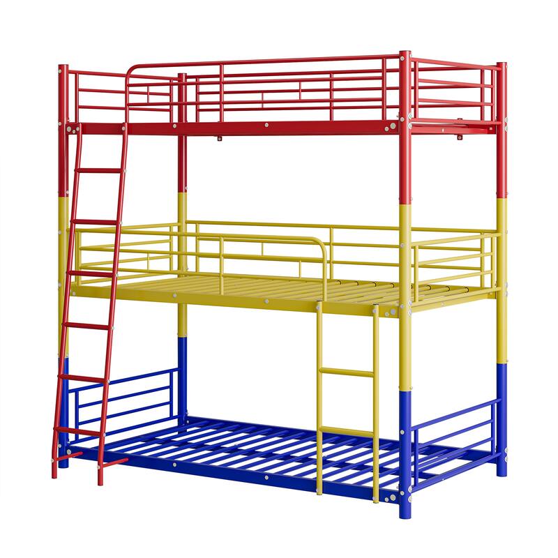 Heavy Duty Metal Triple Twin Bunk Bed with Guardrails, Ladder & Storage, Easy to Assemble