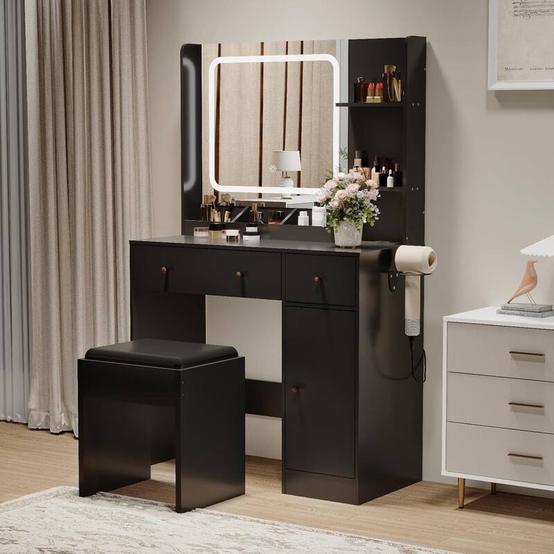 Makeup Vanity Desk Dressing Table Set with Stool for Bedroom - Black
