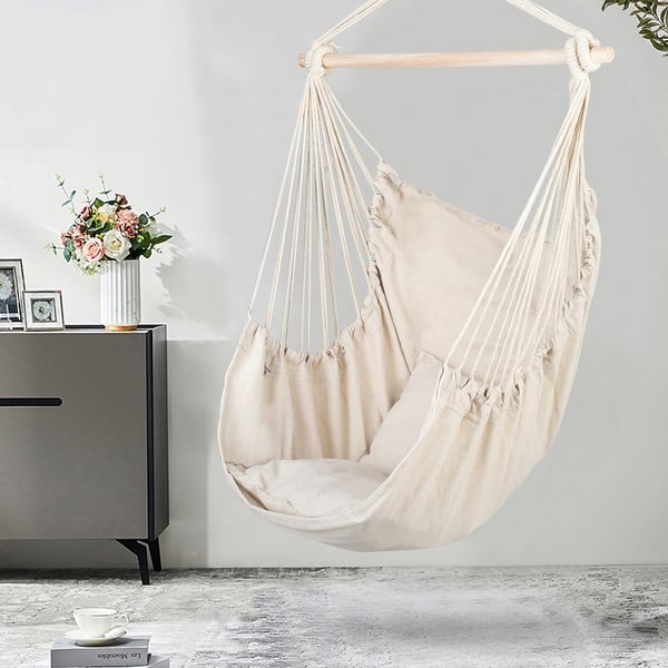 slide 2 of 13, Distinctive Cotton Canvas Hanging Rope Chair with Pillows Beige