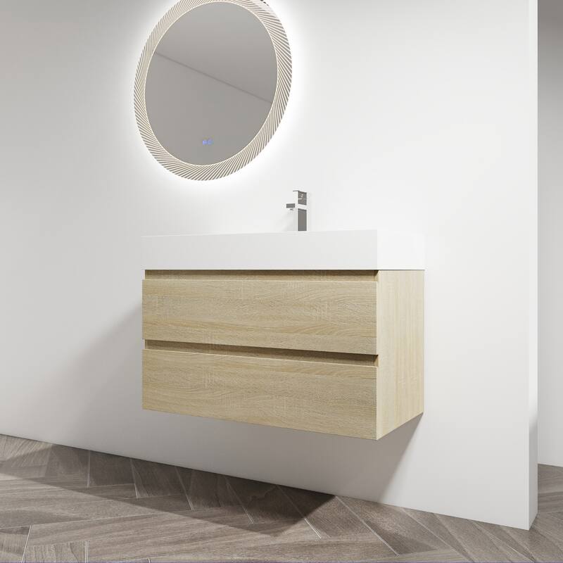 24/30/36 Single Sink Wall-Mounted Bathroom Vanity with Integrated Thick Edge Resin Sink