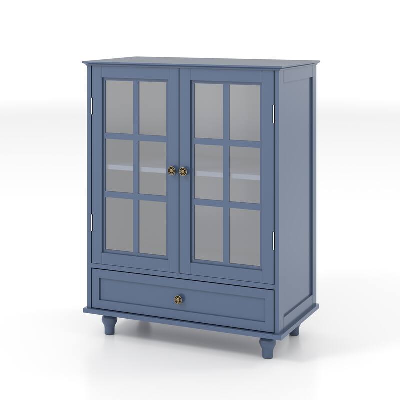 Buffet Cabinet with 2 Glass Doors & Drawer, Multifunctional Wooden Storage Cabinet, Coffee Bar Table with Adjustable Shelf