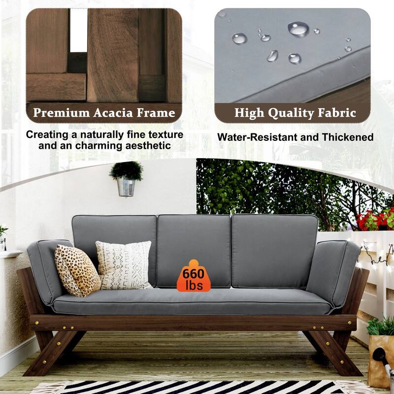 Adjustable Outdoor Daybed: Stylish Wooden Chaise Lounge With Plush Cushions, Optimized For Small-Space Relaxation