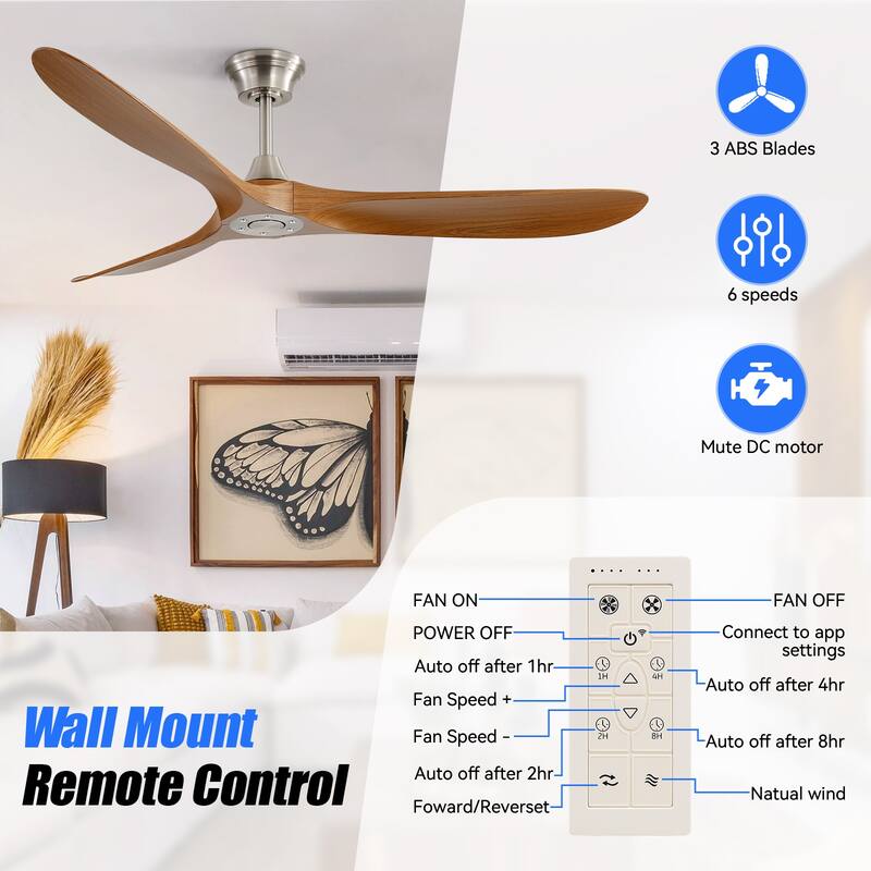 Sofucor 60 Inch Ceiling Fan No Light With Remote Control 3 Fan Blades Reversible DC Motor Timer Farmhouse