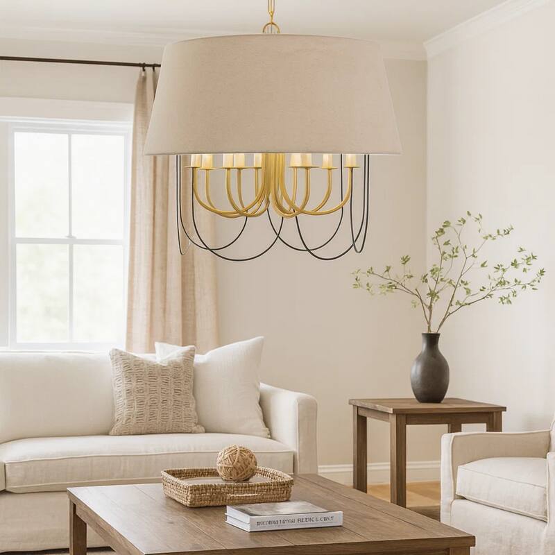 Pomy 28 Inch Chandelier, Hardback Burlap Shade, Gold Black Metal