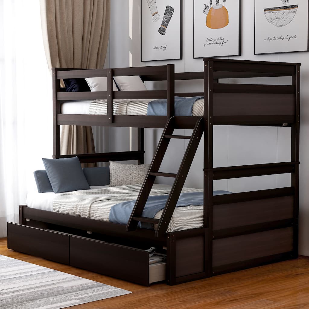 Twin over Full Bunk Bed with Storage Drawers in Espresso Finish