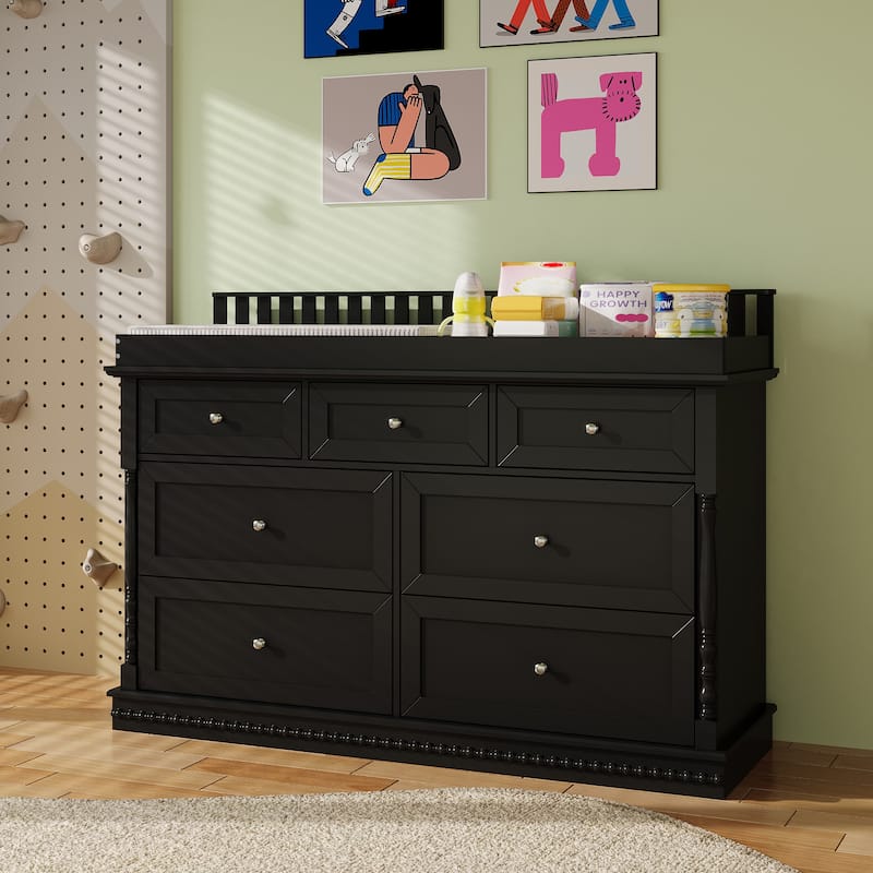 Chest Nursery Dresser Changing Table Top – 7-Drawer Baby Storage Organizer for Diapers and Clothes - Black