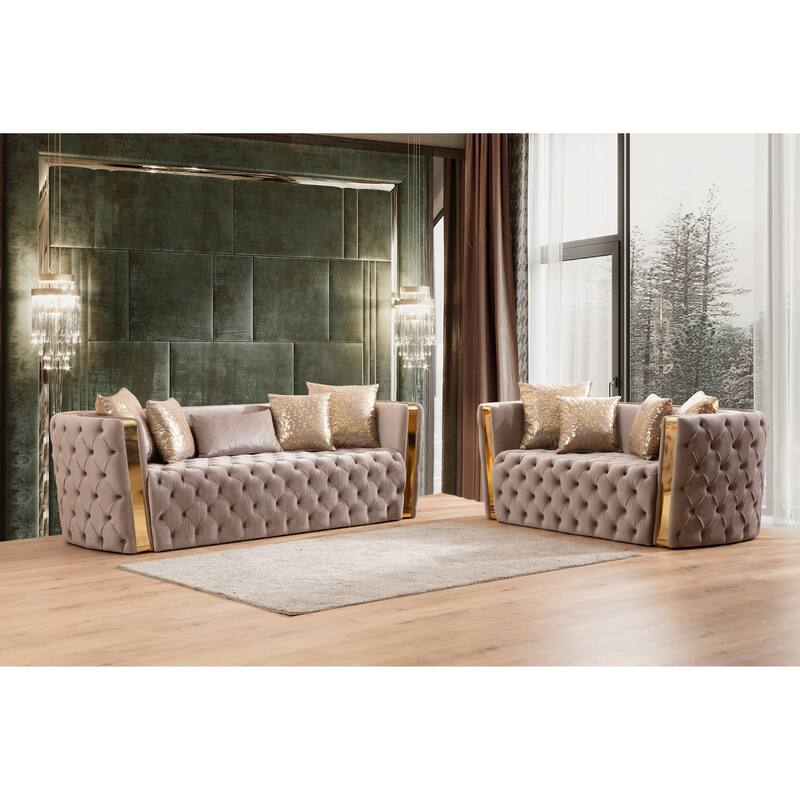 Naomi Button Tufted 2PC / 3PC Sofa Set with Velvet Fabric and Gold Accent