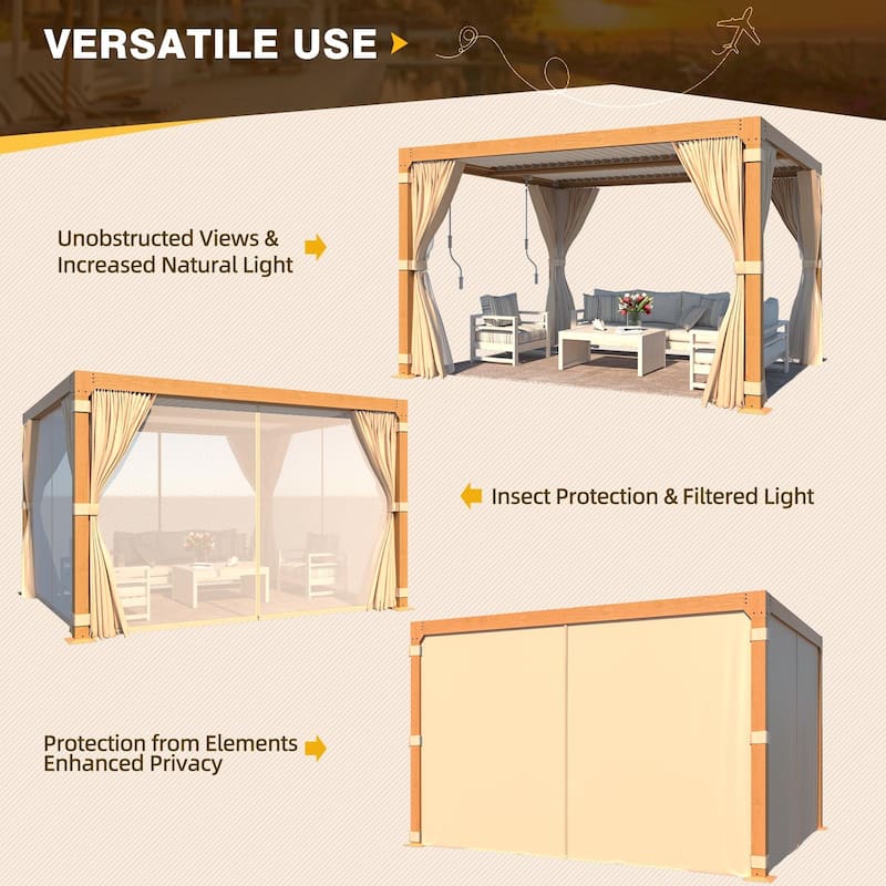 EROMMY Outdoor Louvered Pergola Gazebo with Adjustable Aluminum Rainproof Roof and Pull-Down Screen