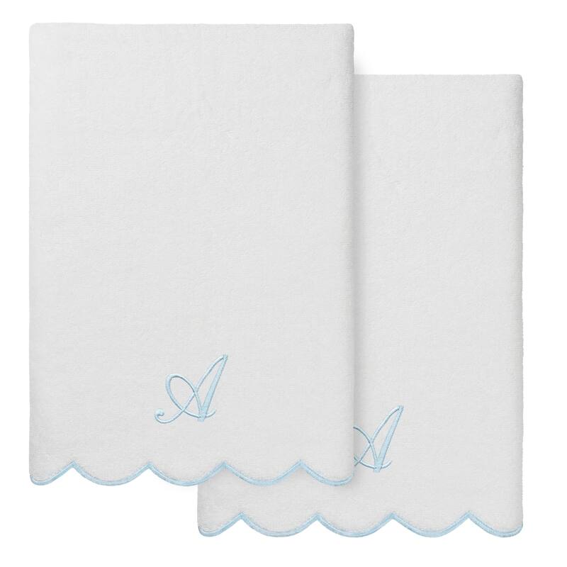 Authentic Hotel and Spa 100% Turkish Cotton Blue ADORNIA Scallop Personalized 2 Piece Bath Towel Set - 2 Bath Towels - A