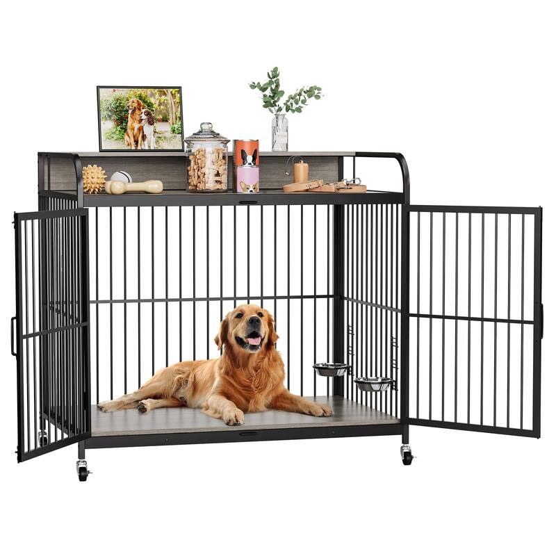 Large Wooden Dog Crate Furniture End Table Heavy Duty Dog Kennel Indoor - large size - Grey