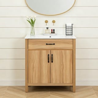 Natural Oak Bathroom Vanity with Ceramic Sink Solid Wood MDF Storage Cabinet for Bathroom 24/30/48/60 inches