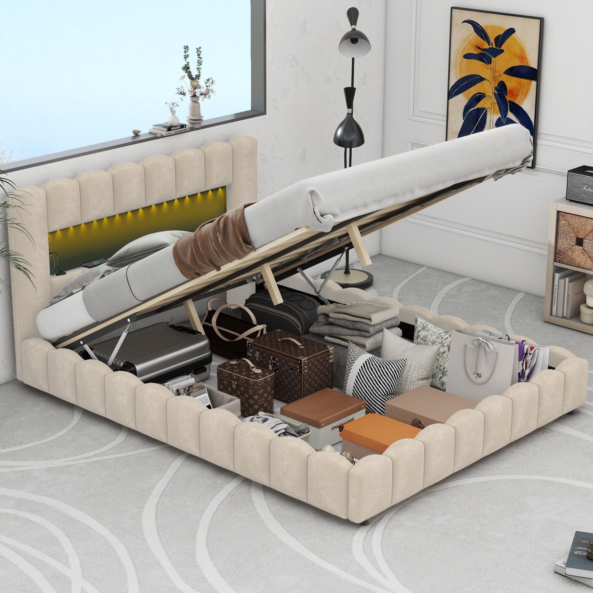 Queen Size Upholstered Platform Bed with Storage Underneath Lift