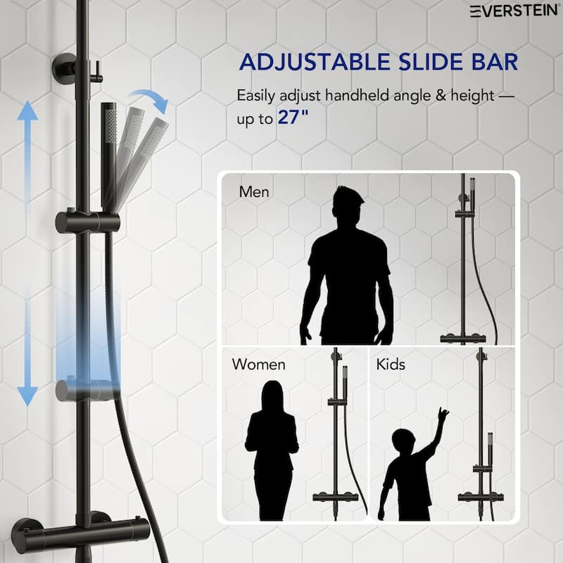 Height Adjustable Thermostatic Shower System with Tub Spout, 10" Rain Shower Head, Hand Shower, Brass Valve