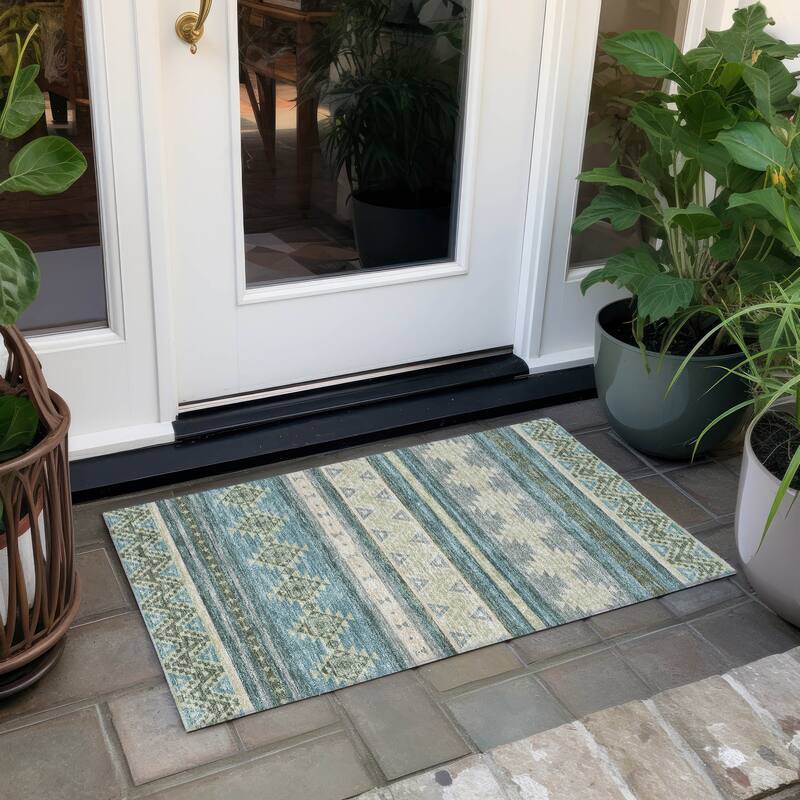 Machine Washable Indoor/ Outdoor Global Heston Chantille Rug - Teal - 1'8" x 2'6"