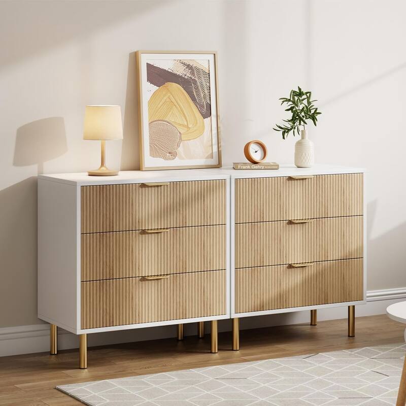 3 Drawer Dresser for Bedroom with Gold Handles, Modern Wooden Chest of Drawers