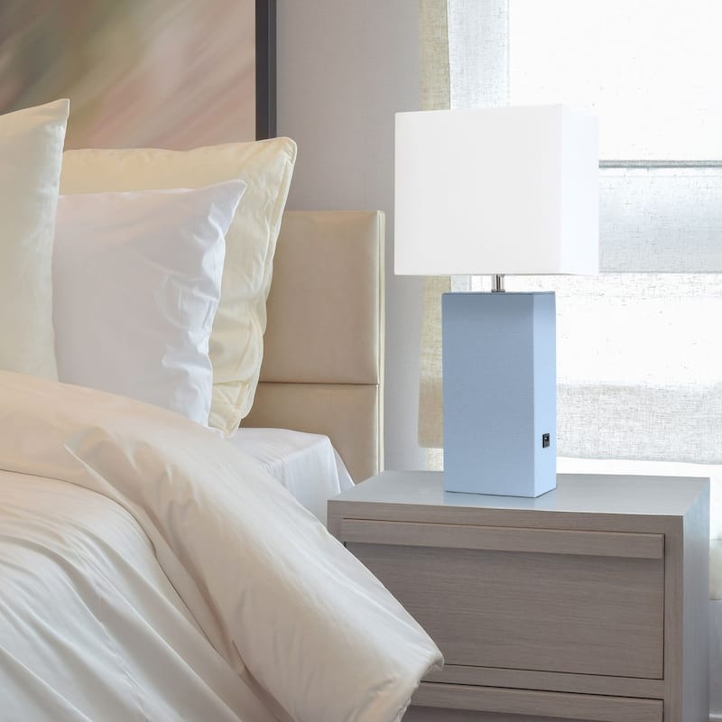 Modern Leather Table Lamp with USB and White Fabric Shade