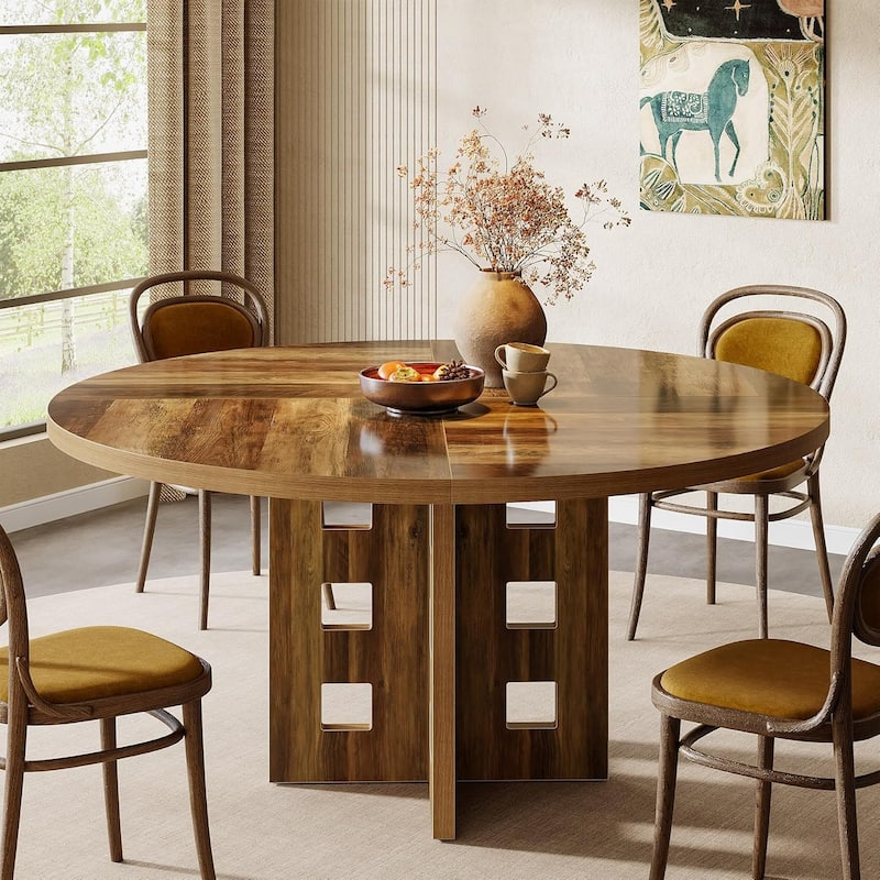47 Inches Brown Engineered Wood Dining Table, Round Kitchen Table for 4-6 People