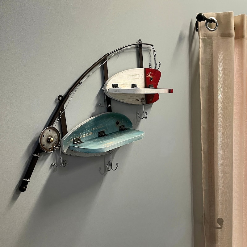 24 Inch Wood & Metal Fishing Pole Decorative Wall Shelf - 16 X 24 X 4.5 inches