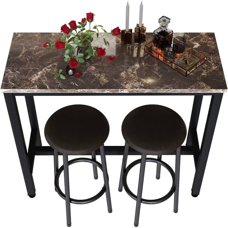3 Piece Kitchen Pub Dining Set, Modern Faux Marble Counter Height Bistro Bar Table Set with 2 PU Leather Bar Stools