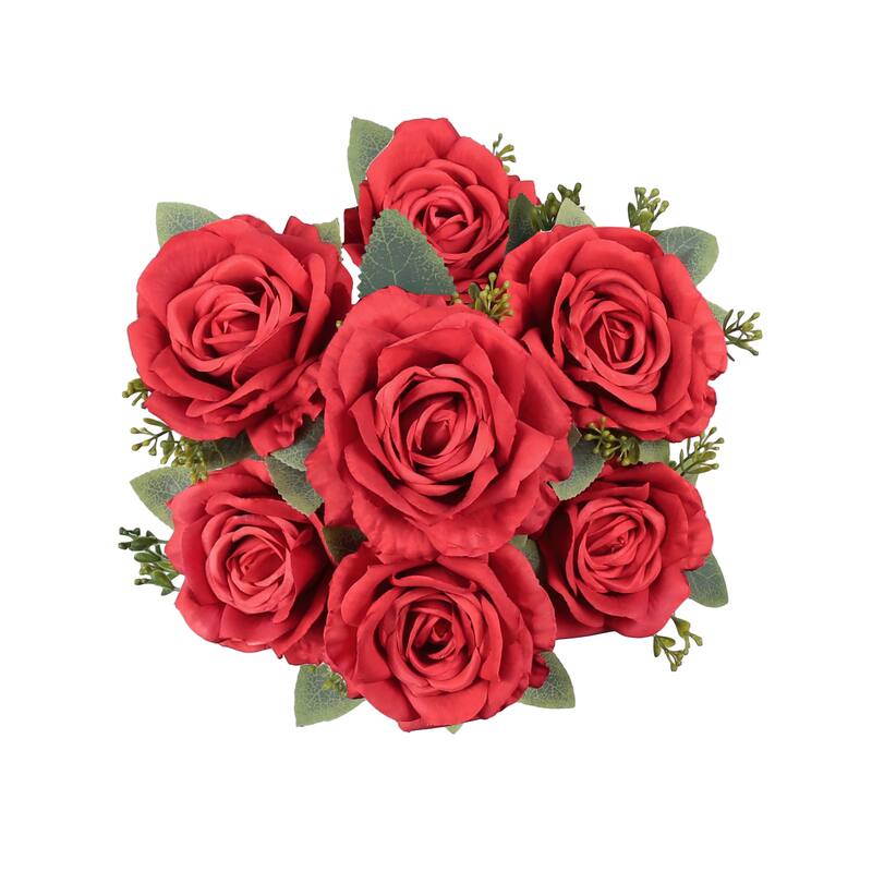 Set of 2 Deluxe Red Artificial Elegant Rose Flower Stem Bush Bouquet 17in - 17" L x 10" W x 10" DP