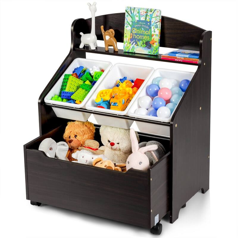 Kids Wooden Toy Storage Unit Organizer with Rolling Toy Box and Plastic Bins - 25" x 15" x 30" (L x W x H)