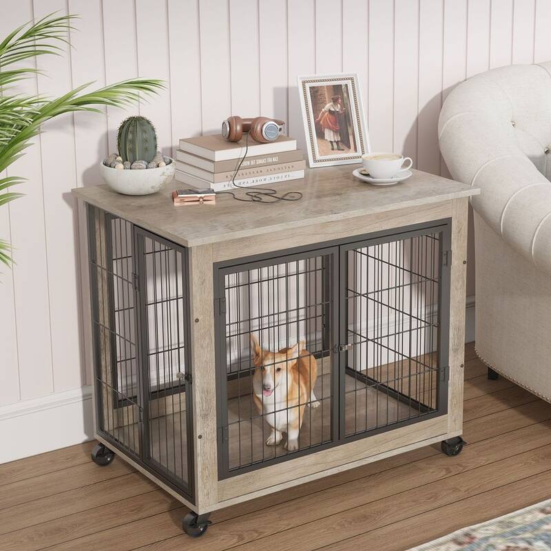 Dog Crate Furniture with Double Doors on Casters