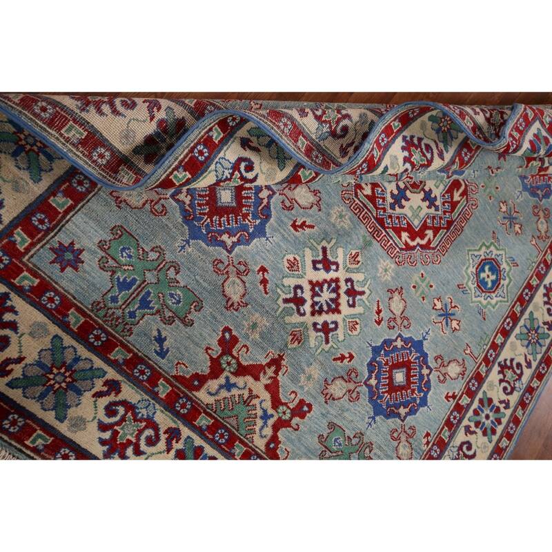 Blue Geometric Kazak Oriental Area Rug Hand-Knotted Wool Carpet - 5'0" x 6'6"