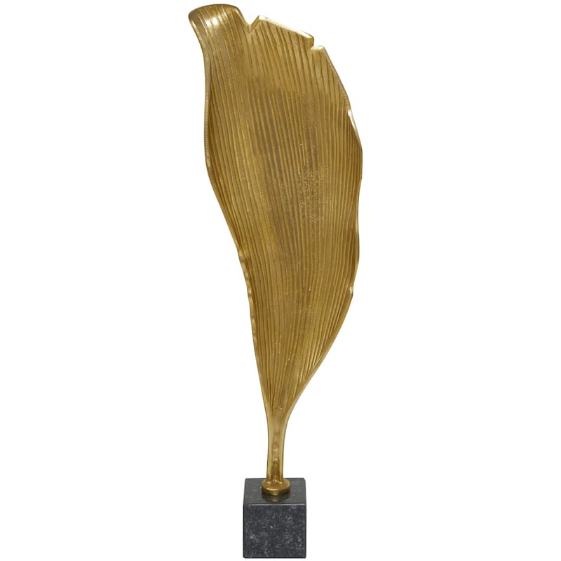Gold Aluminum Metal Textured Leaf Abstract Sculpture with Black Marble Base