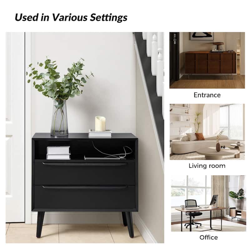 Kay Mid-century Modern 2 - Drawer End Table with Built-In Outlets and USB set of 2 by HULALA HOME
