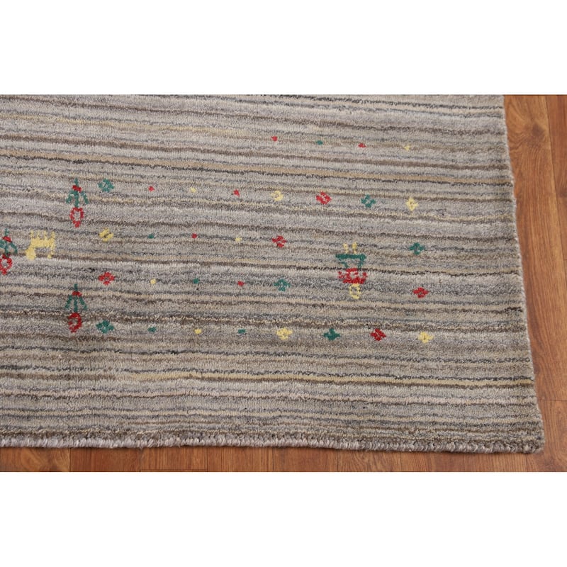 Striped Tribal Gabbeh Area Rug Hand-Knotted Multi-Color Wool Carpet - 6'1"x 7'11"