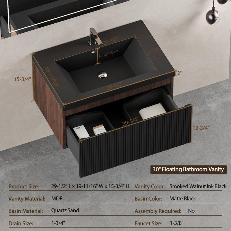 24''/30''/36''/42'' Floating Vanity,Smoked Walnut Storage Cabinet with Soft-Close Drawers,Black Quartz Sand Sink,Wall-Mounted