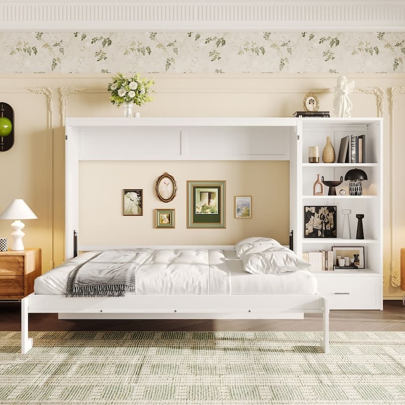 Queen Size Foldable Murphy Bed with Drawer and Adjustable Storage Compartments - White