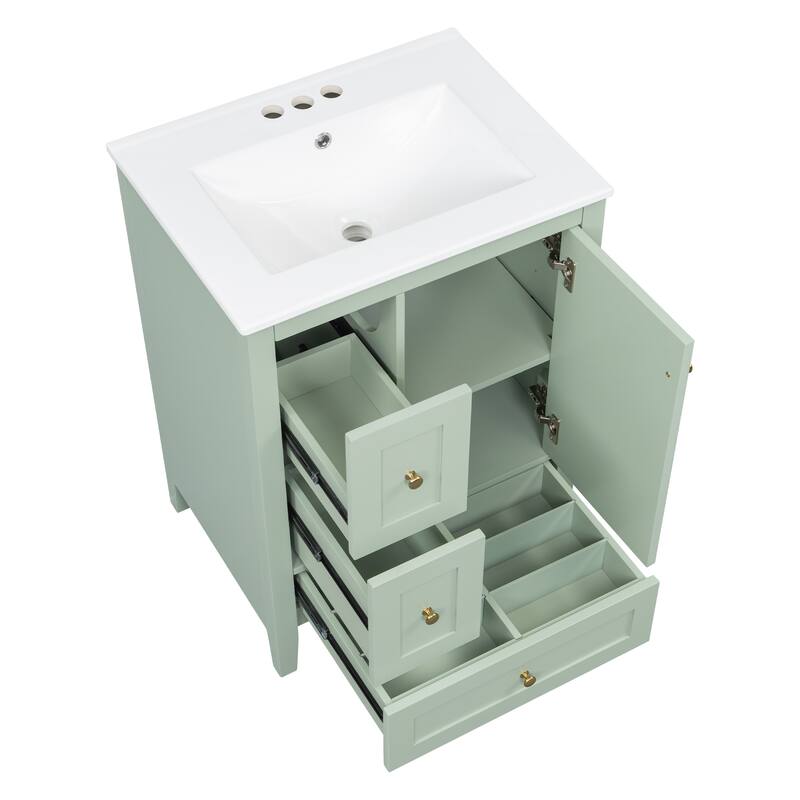24-Inch Bathroom Vanity with Storage, Adjustable Shelf, MDF & Rubberwood, Removable Dividers, Green Finish