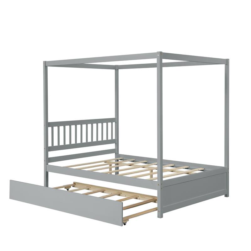 Full Size Wooden Canopy Bed Frame with Trundle Bed, Solid Wood Platform Bed Frame for Kids Teens Adults, No Box Spring Needed
