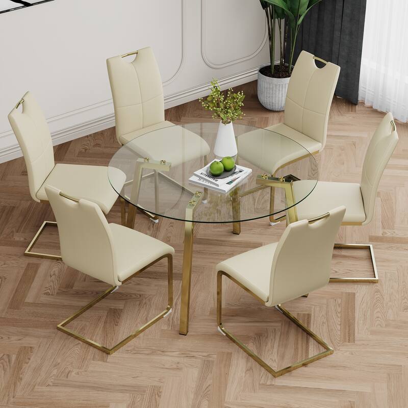 7-Piece Compact Round Dining Table Set, 47.2" Glass Table with 6 Faux Leather Chairs, Modern Dining Table and Chair Set for 6