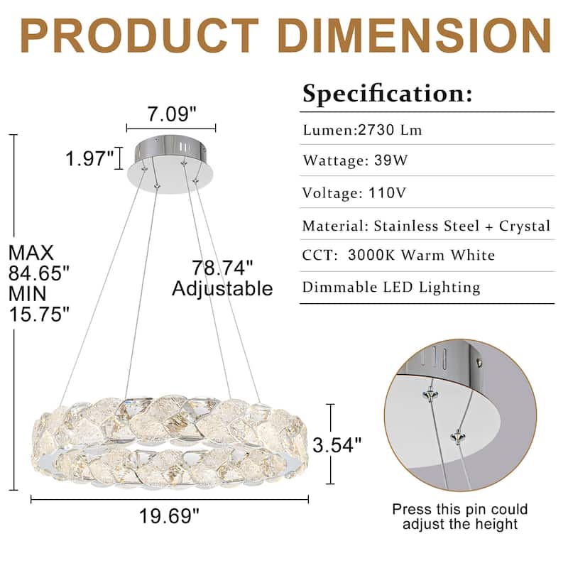 Ring Chrome LED Chandelier Textured Clear & Frosted Crystal Panels - Dia.19.69-in